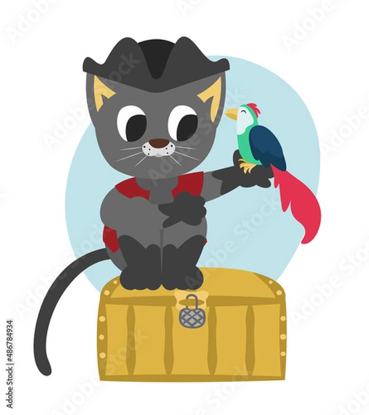 Obraz Pirate cat sitting on oak chest with parrot. Anthropomorphic animal in flat style