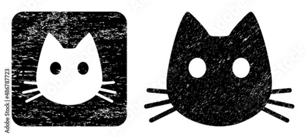 Obraz Vector cat head subtracted pictogram. Grunge cat head watermark, done from icon and rounded square. Rounded square stamp have cat head subtracted shape inside. Vector cat head grunge images.