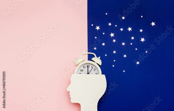 Fototapeta Silhouette of human and alarm clock on pink and blue backgrounds decorated with silver confetti. Human circadian rhythms concept. Copy space