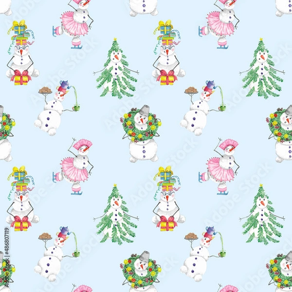 Obraz Cute snowmen seamless pattern on blue background