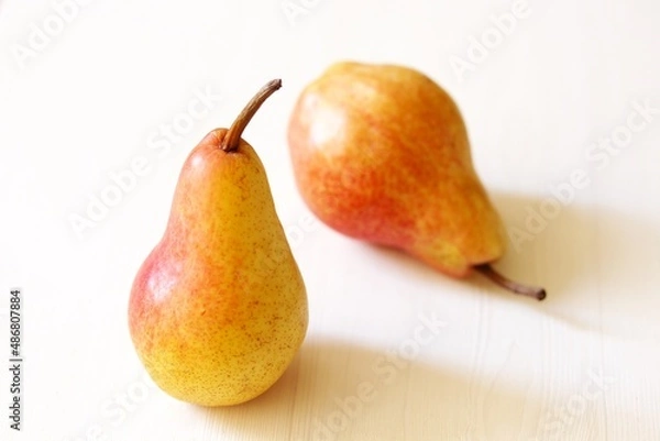 Fototapeta pear yellow with red side, pear variety trout, beautiful juicy pears organic, beautiful fresh fruits, copy space, space for text