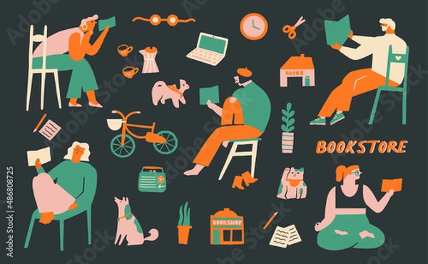Fototapeta Love read books illustration in vector. People are sitting comfy at the bookshop, library or at home and read. Vector illustration