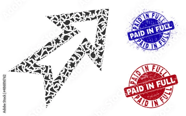 Obraz Round PAID IN FULL grunge rubber prints with text inside round forms, and shard mosaic arrow right up icon. Blue and red stamps includes PAID IN FULL tag. Arrow right up mosaic icon of shard parts.