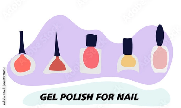 Obraz A set of jars with gel nail polish. Transparent jar, colored varnish is visible through the glass. Objects and materials for a beauty and fashion salon. Vector illustration.