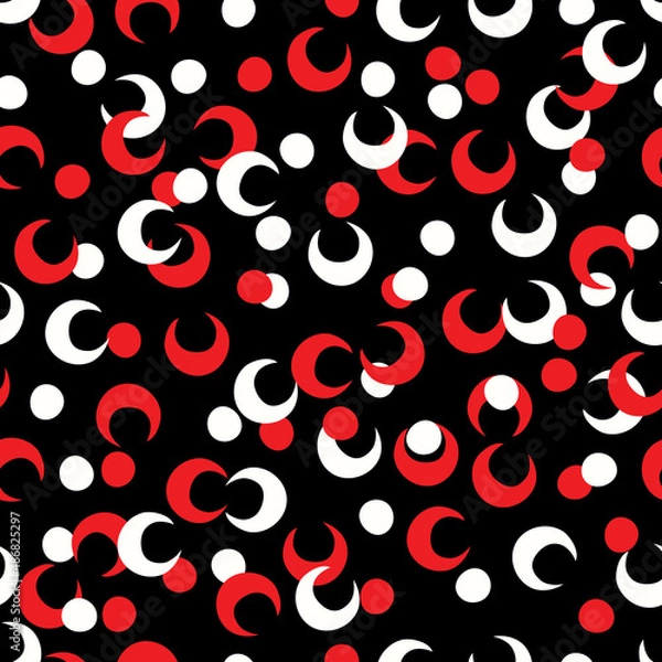 Obraz Seamless texture with red and white circles on a black background. Seamless print for fabric or paper with dots and moons.