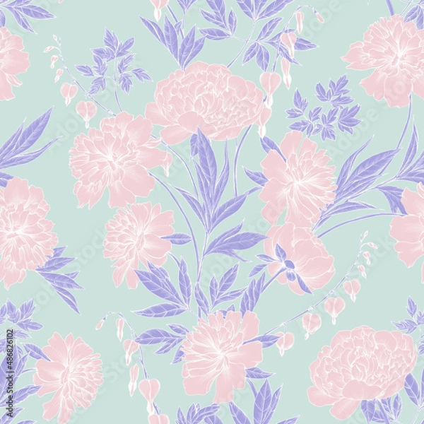 Fototapeta Pattern with peonies. Delicate pastel colors seamless background for decor and fabrics