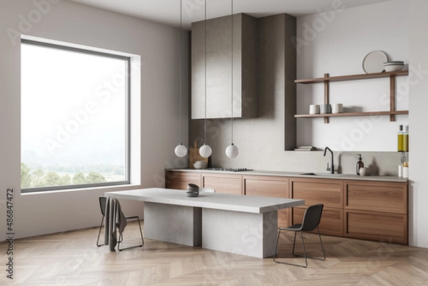Fototapeta Modern dining interior with table and seats, shelves and panoramic window