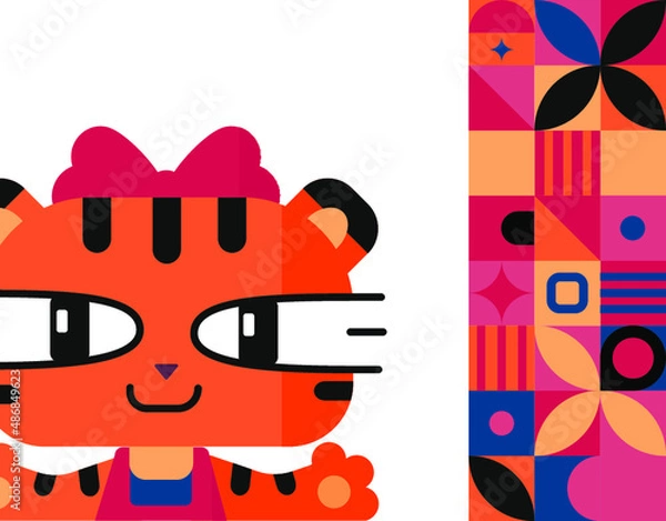 Obraz Postcard with a tiger cub girl. Cheerful poster