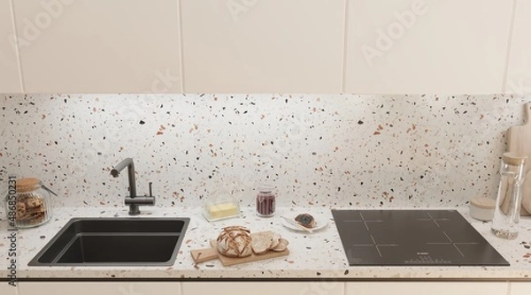 Fototapeta 3d render kitchen countertop with tableware