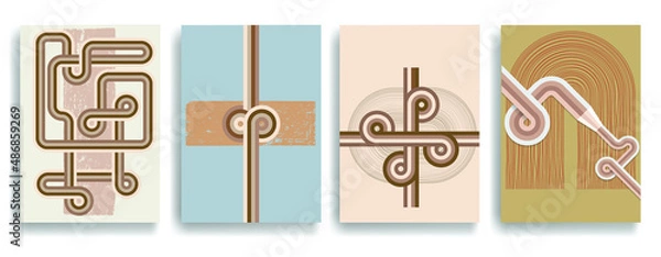 Fototapeta Modern poster with minimalist design elements . Retro lines and grunge textured circles in Boho style  . Wall art , home deco . Vector abstract shape.