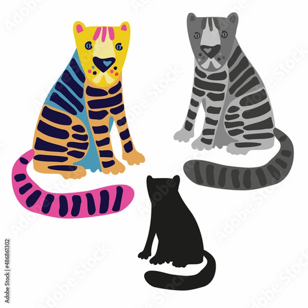 Fototapeta Isolated character design of a cute tiger, grey and colorful. The design is perfect for printing on paper, stickers, badges, bijouterie, cards, textiles, character design. 