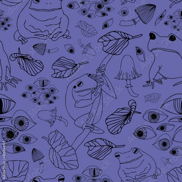 Fototapeta Seamless colorful vector pattern of phantasmagoria with lined mushrooms, eyes and frogs