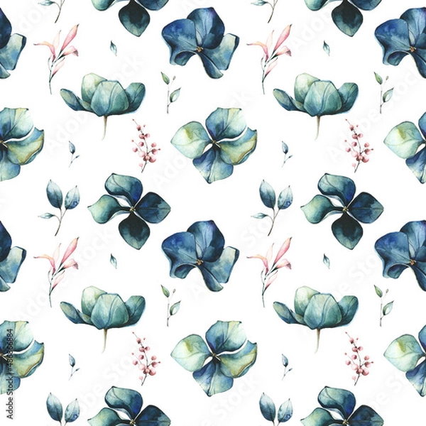Fototapeta Dark blue and turquoise hydrangea flowers and twigs with pink leaves. Watercolor floral seamless pattern. Modern design