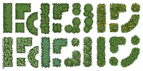 Obraz Vector set. Bushes, plants for landscape design. Top view. Green fence. View from above.