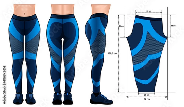Obraz Realistic blue leggings pants mockup pattern different side isolated white background