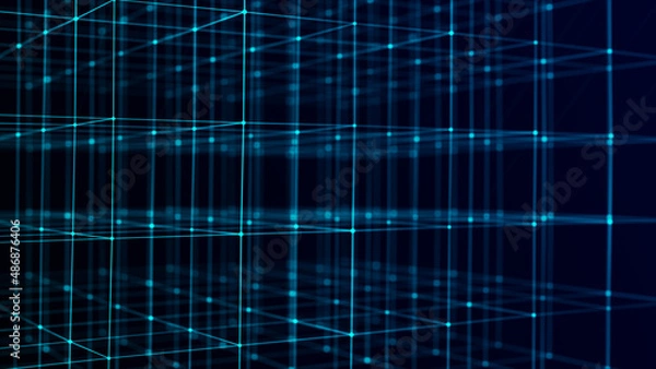 Fototapeta Technology blockchain concept. Dynamic movement of a digital data stream. Network connections structure. Big data visualization. 3D rendering.