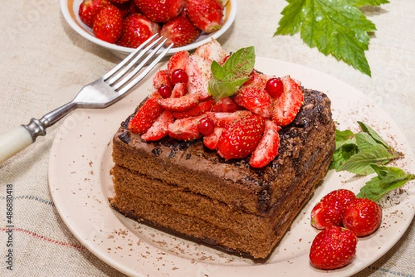 Obraz Homemade baking. Chocolate cake with strawberries and mint.