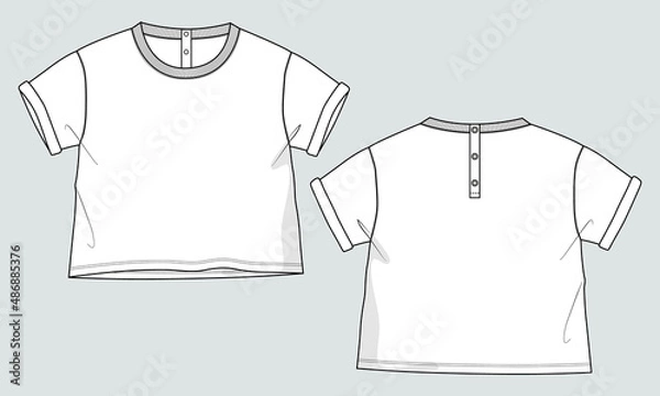 Fototapeta Short sleeve Basic T-shirt technical fashion flat sketch vector Illustration template front and back views. Basic apparel Design Mock up for Kids Isolated on Grey background.

