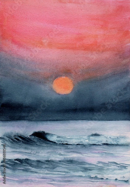 Fototapeta Watercolor illustration of a red sunset sky over a lead gray sea with sea foam crested waves
