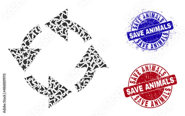 Fototapeta Round SAVE ANIMALS corroded watermarks with text inside round shapes, and debris mosaic recycle icon. Blue and red stamp seals includes SAVE ANIMALS text. Recycle mosaic icon of debris parts.