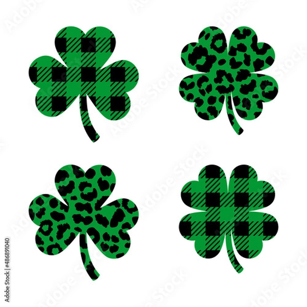 Fototapeta Clover leopard print, Plaid pattern shamrock icons, Four leaf clover icons, Clover symbol of St. Patrick's Day. Vector illustration