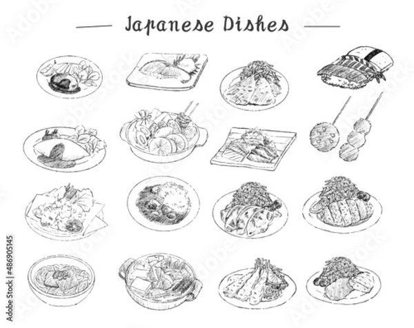 Obraz 日本食　定食　イラスト　線画