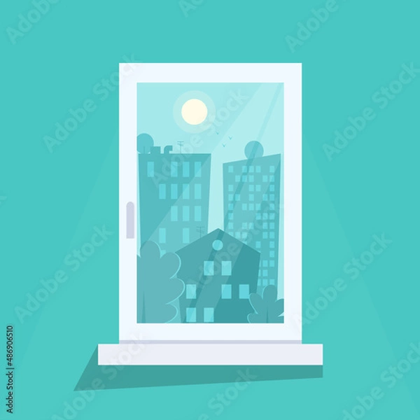 Fototapeta Flat illustration of room window.  View from the window to the city.  Urban landscape.  Concept view of city buildings.