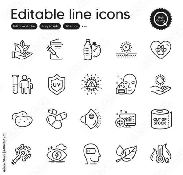 Fototapeta Set of Healthcare outline icons. Contains icons as No sun, Medical analytics and Stress elements. Potato, Medical mask, Toilet paper web signs. Organic product, Leaf dew. Outline no sun icon. Vector