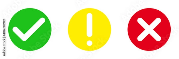 Fototapeta Green, yellow and red icon with hook, exclamation mark and cross, three symbols for passed, attention and rejected, isolated on white background