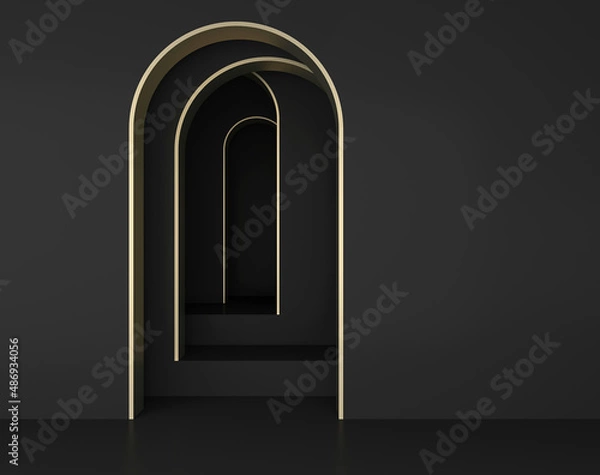 Fototapeta Abstract minimal geometric black arched background with golden edges; simple clean arched walls; luxury minimalist primitive shapes; wall niche; art deco display; 3d rendering, 3d illustration