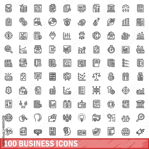 Obraz 100 business icons set. Outline illustration of 100 business icons vector set isolated on white background