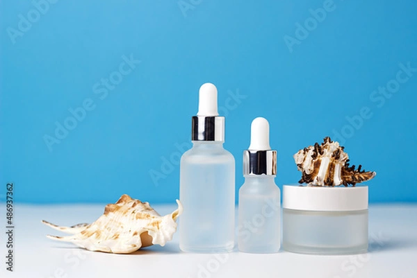 Fototapeta White frosted glass jar of seashell cream on a blue and white background. Cosmetics and cosmetology. Mockup for products. Nautical and summer concept. SPF protection from sun and wind.