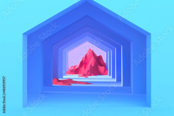 Fototapeta Minimal pastel abstract background and mock up for the presentation and exhibitions of products. Five-sided arches in the blue walls in perspective and lighted mountain in the center. 3d illustration