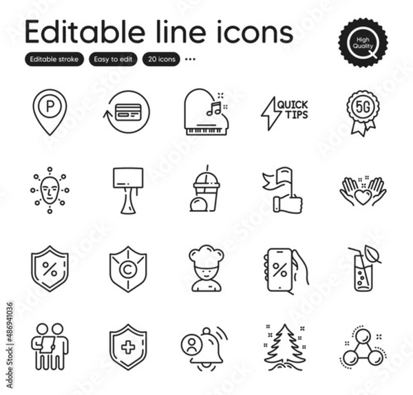 Fototapeta Set of Business outline icons. Contains icons as Leadership, Loan percent and Survey elements. Ice cream milkshake, Chemistry molecule, Discounts app web signs. Parking. Vector