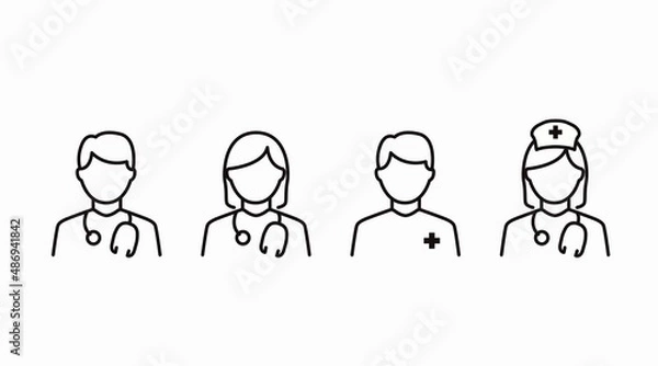 Obraz Doctor and nurse icon set. Vector isolated editable black and white illustration set