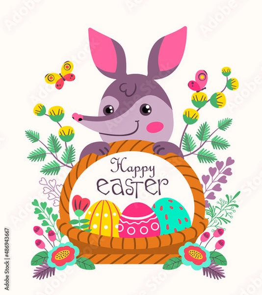 Fototapeta Greeting card with a cute and funny bilby (bandicoot) and a basket of Easter eggs. Flat vector isolated on white background. 