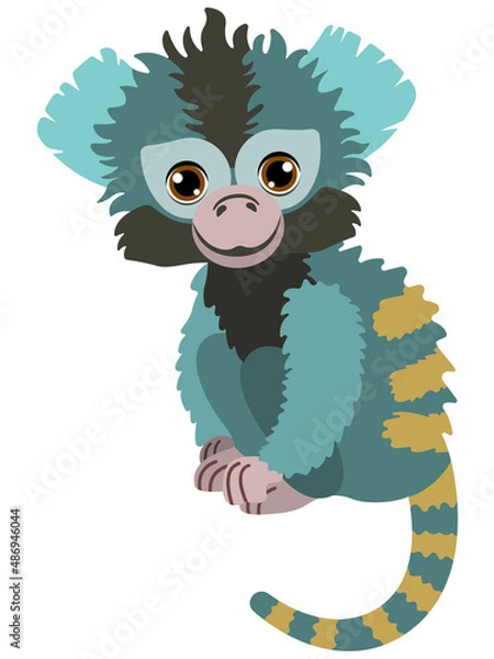 Fototapeta Sweet little marmoset. Callithrix jacchus. Fauna of the Amazon rainforest. Vector flat illustration. Cartoon style. Children's illustration. 