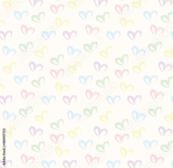 Fototapeta Seamless pattern of hand drawn hearts in pastel rainbow colors on beige and neutral background