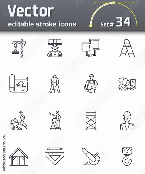Fototapeta Set of editable stroke vector construction line icons isolated