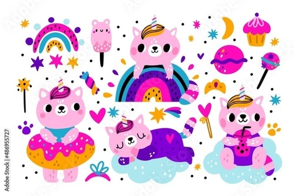 Fototapeta Unicorns with sweets. Fabulous kawaii cats. Pink kittens with color horn. Magic fairy tale characters on clouds and rainbow. Magical wand and candies. Vector funny domestic animals set
