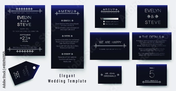 Obraz Modern wedding invitation card,  save the date, thank you, rsvp, menu table label, place card , gift tag. Vector. Geomtric pattern with gold shiny glowing frame on blue background