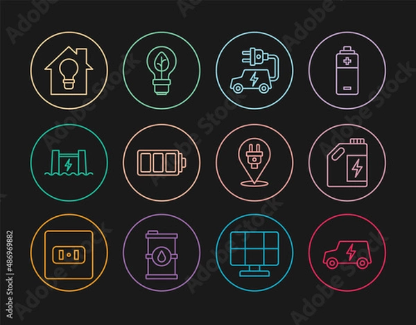 Obraz Set line Electric car, Eco fuel canister, Battery, Hydroelectric dam, Smart house and light bulb, plug and Light with leaf icon. Vector
