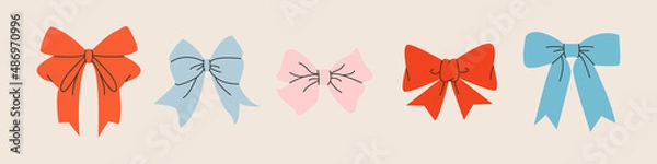 Fototapeta Festive gift bows and ribbons in cartoon style. Simple decorative bow for hair flat vector illustrations set. Multicolor bows for presents wrapping elements isolated. Gift birthday xmas sale decor.
