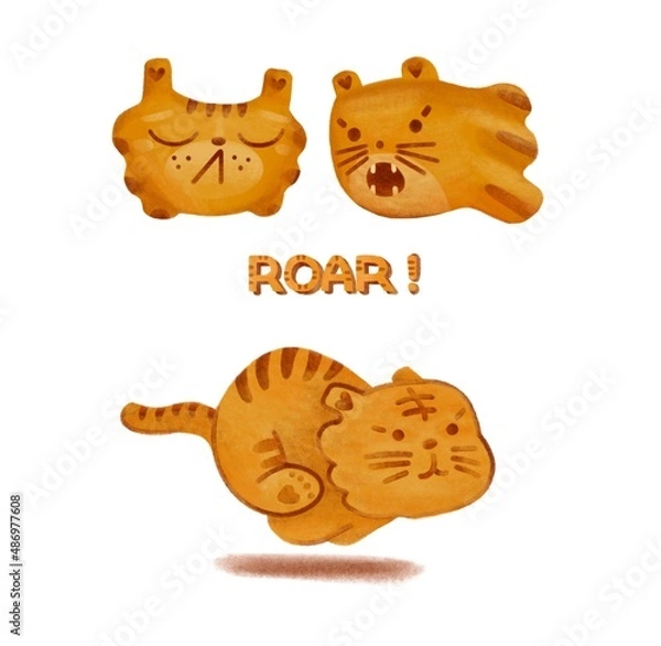 Fototapeta Raster funny tigers in hand-drawn style. Decorative design elements on white background. Animal characters for stickers or Chinese new year greeting card 