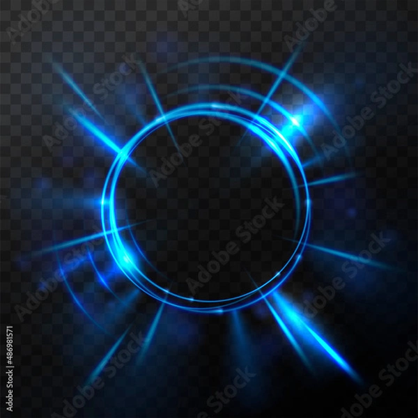 Fototapeta Bright blue flash. Explosion or blast wave. Rotating rings with shining rays