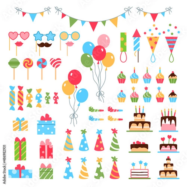 Fototapeta Birthday party flat icons set. Colorful anniversary elements on white background for carnival event celebration invitation, banner, card design. Gift box, balloon birthday cake hat vector illustration