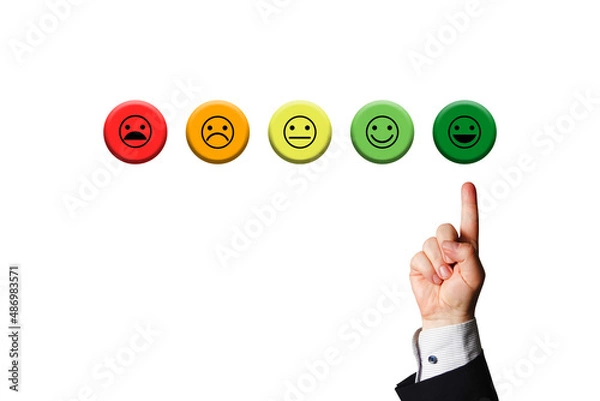 Fototapeta Customer or Employee or Stakeholder Stausfaction. Five smileys with green smiley pointed at by businessman's hand, symbolizing a goal or achievement.