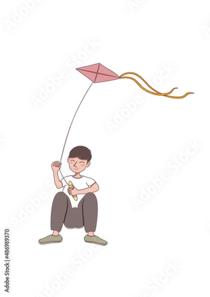 Fototapeta A boy flying a kite and an illustration on a white background