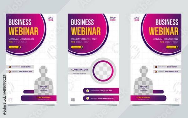 Fototapeta Set of business webinar social media stories template with circle frame and white purple background