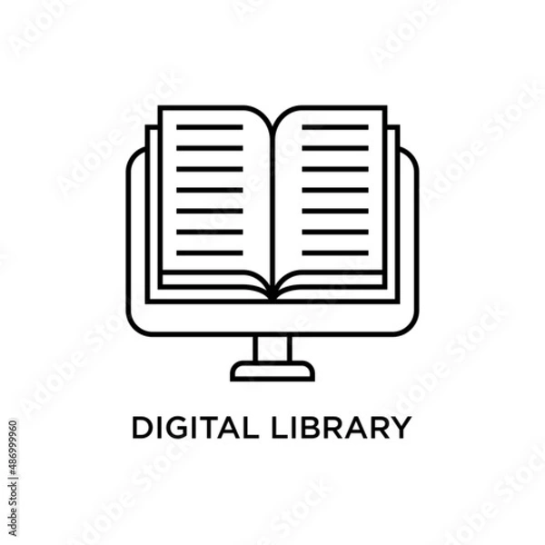 Obraz Vector illustration of computer with book icon. Suitable for design element of digital library, e-book, and online learning app website.